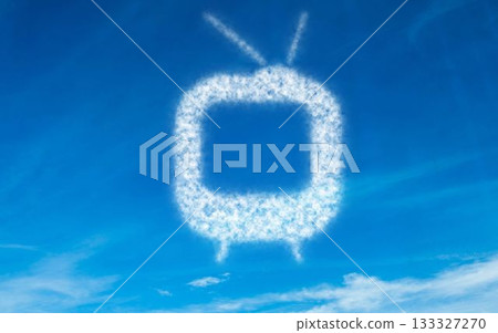 Forming TV cloud with antennae drifting in flat art blue sky, cirrus streaks, cumulus patches 133327270