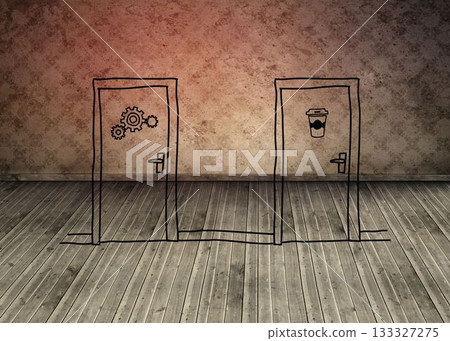 Graphic with doors and cogwheels on brown background Graphic with doors and cogwheels on brown background 133327275
