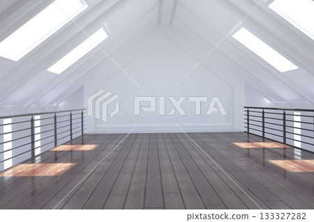Flat design is showing attic loft with pitched ceiling, skylights, beams and wooden floorboards 133327282