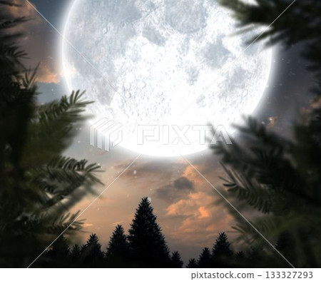 Surreal vector illustration is showing glowing full moon rising past pine silhouettes and branches Surreal vector illustration is showing glowing full moon rising past pine silhouettes and branches 133327293