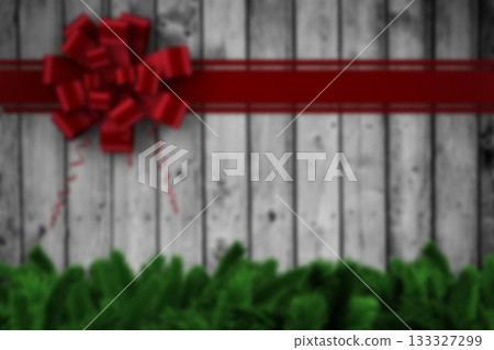 Flat design is showing red ribbon with bow on whitewashed plank backdrop with evergreen sprigs Flat design is showing red ribbon with bow on whitewashed plank backdrop with evergreen sprigs 133327299