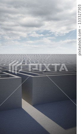 Concrete labyrinth maze is sprawling across flat plane under rolling clouds in flat design 133327303