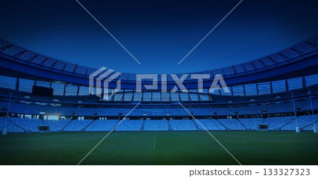 Empty stadium is shining at dusk in flat design, featuring green pitch, goal posts, floodlights Empty stadium is shining at dusk in flat design, featuring green pitch, goal posts, floodlights 133327323