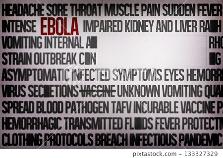 Bold uppercase red Ebola word is popping on light gray flat design poster, showing medical terms 133327329