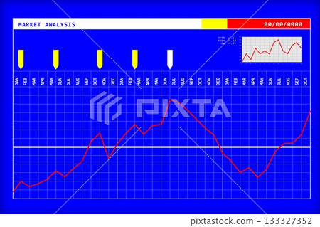 digital market analysis chart is displaying on blue grid with red plot, yellow and white arrows 133327352