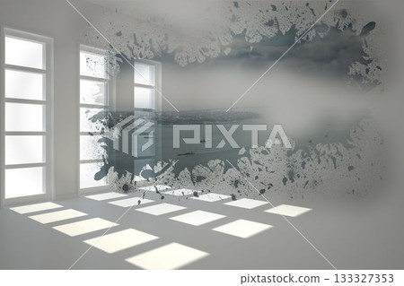Waterfront cityscape mural is being shown on gallery wall with paint-splatter frame in flat design 133327353