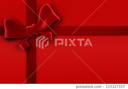Red satin bow and crossing ribbon bands creating gift wrapping on flat design red gradient backdrop 133327357