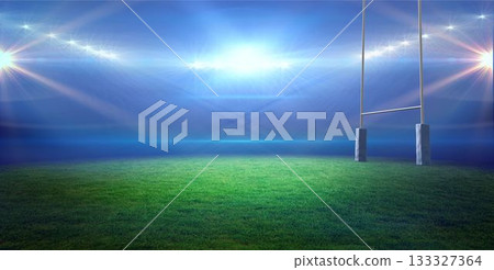 Flat design is showing rugby goal posts standing on green turf under bright floodlights at night 133327364