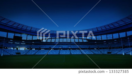 Flat design empty open-air stadium is featuring seating tiers, grass field under circular roof ring Flat design empty open-air stadium is featuring seating tiers, grass field under circular roof ring 133327385