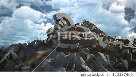 3D composite image of broken euro sign and rocks 3D composite image of broken euro sign and rocks 133327406