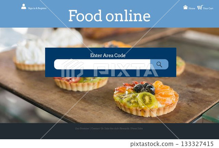 showing page featuring nav bars search bar wooden board with fruit tart topping kiwi orange berries 133327415