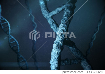 Central stylized DNA helix floating in dark blue 3D molecular visualization, glowing particles Central stylized DNA helix floating in dark blue 3D molecular visualization, glowing particles 133327420