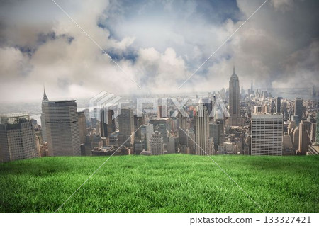 Digital composite of Cloudy sky over city Digital composite of Cloudy sky over city 133327421