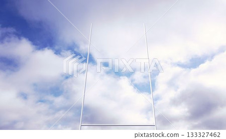 Rugby goalpost standing tall against cloudy sky in flat design, with upright posts and crossbar 133327462