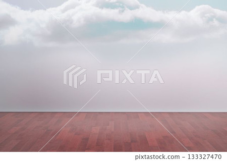 Cloud layer is stretching across horizon and meeting wooden deck in flat design illustration Cloud layer is stretching across horizon and meeting wooden deck in flat design illustration 133327470
