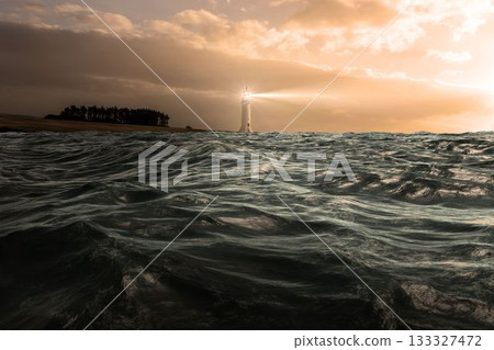 Stormy sea with lighthouse 133327472