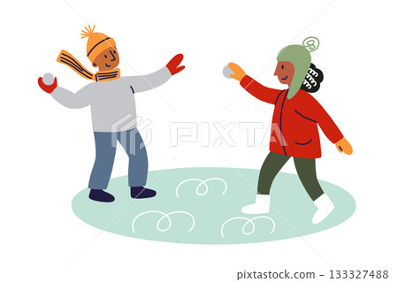 Vector illustration with flat cartoon children in winter snow play, boy and girl snowball fight, snowy landscape, holiday season theme for family activities, childhood fun, outdoor recreation visuals Vector illustration with flat cartoon children in winter snow play, boy and girl snowball fight, snowy landscape, holiday season theme for family activities, childhood fun, outdoor recreation visuals 133327488