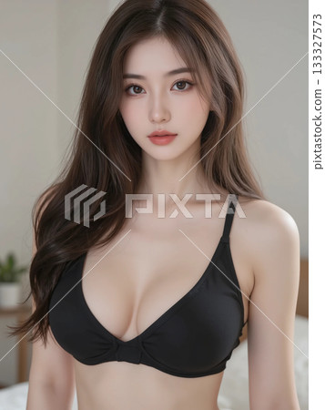 一位長髮飄飄的港區女孩，身穿黑色比基尼，擺姿勢 133327573