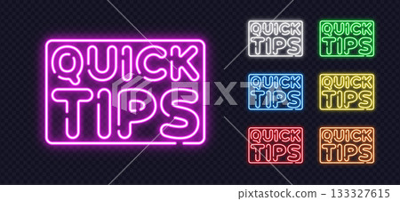 Glowing neon Quick Tips signs in multiple bright colors on a transparent background. A lively modern design perfect for ads, motivational graphics, and digital promotions. Glowing neon Quick Tips signs in multiple bright colors on a transparent background. A lively modern design perfect for ads, motivational graphics, and digital promotions. 133327615