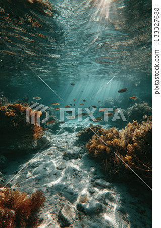 Underwater life. A school of small fish hovering above the corals. 133327688