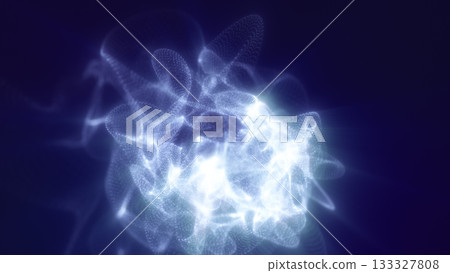 Abstract glowing formation of white light particles creating a soft cloud-like energy shape on a dark blue background 133327808