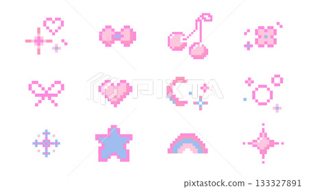 Set cute pixel elements, girly stars, bows, heart. Spring flowers and cherry y2k retro game 8 bit icons. Pixel collection. 133327891