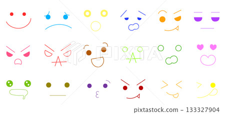 Colorful hand-drawn illustrations of various facial expressions and emotions: smiling, troubled, angry, serious, surprised, amazed, heart, etc. Colorful hand-drawn illustrations of various facial expressions and emotions: smiling, troubled, angry, serious, surprised, amazed, heart, etc. 133327904