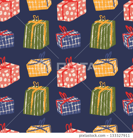 Seamless pattern blue and green box with a red bow on top on a blue background, vector illustration. 133327911