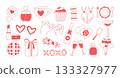 Hand drawn Galentine's Day illustration set. Cute red doodle collection of female friendship symbols, champagne, brunch food, makeup, and party decoration clipart. 133327977