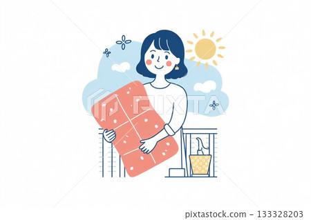 家庭主婦晾曬被褥和床單的插圖 / 乾淨舒適的生活 / 日常家務 133328203