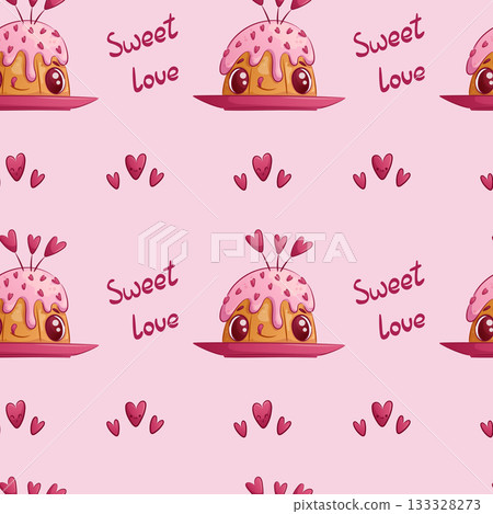 Seamless pattern with a cute cupcake on a plate on a pink background. Sweet love. The concept of love, Valentine's Day. Vector illustration for the design of postcards, textiles, banners, posters 133328273