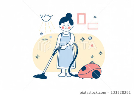 Illustration of a housewife starting her day feeling refreshed by cleaning in the morning / Cleanliness, Lifestyle, Refreshment Illustration of a housewife starting her day feeling refreshed by cleaning in the morning / Cleanliness, Lifestyle, Refreshment 133328291