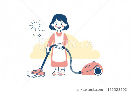 Illustration of a housewife starting her day feeling refreshed by cleaning in the morning / Cleanliness, Lifestyle, Refreshment Illustration of a housewife starting her day feeling refreshed by cleaning in the morning / Cleanliness, Lifestyle, Refreshment 133328292