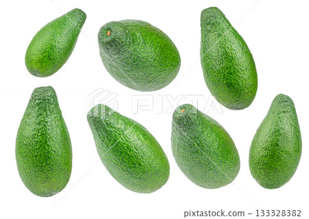 Collection of fresh green avocados isolated on white background, tropical fruit rich in healthy fats and vitamins, clean food concept advertising or banner 133328382