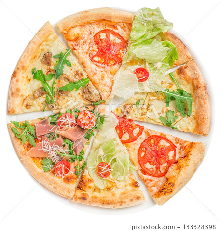Assorted mixed pizza slices with fresh toppings served on white plate, top view Italian food composition perfect for menu design and culinary advertising 133328398