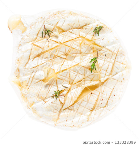Baked camembert cheese with herbs melting on white background, top view gourmet appetizer ideal for culinary advertising and menu design Baked camembert cheese with herbs melting on white background, top view gourmet appetizer ideal for culinary advertising and menu design 133328399
