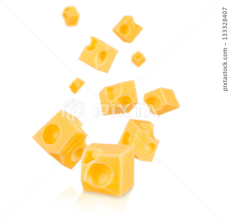 Falling cubes of Swiss cheese with round holes isolated on white background, dairy product. creative food concept for banner, advertising, or design template 133328407