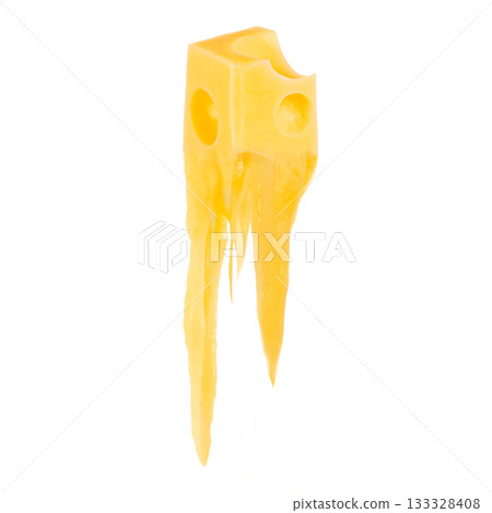 Melting cube of Swiss cheese with holes isolated on white background, hot melted dairy product concept with copy space for text, creative food design for advertising or banner Melting cube of Swiss cheese with holes isolated on white background, hot melted dairy product concept with copy space for text, creative food design for advertising or banner 133328408