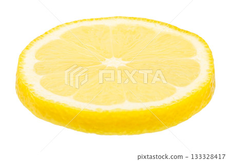 Single fresh lemon slice isolated on white background, juicy yellow citrus fruit with copy space for text, healthy food and vitamin c concept for advertising, banner, or design template 133328417