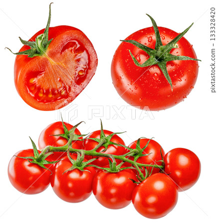 Fresh red tomatoes with green stems and water drops isolated on white background, whole and half cut ripe vegetables, healthy organic food concept for advertising or banner 133328420