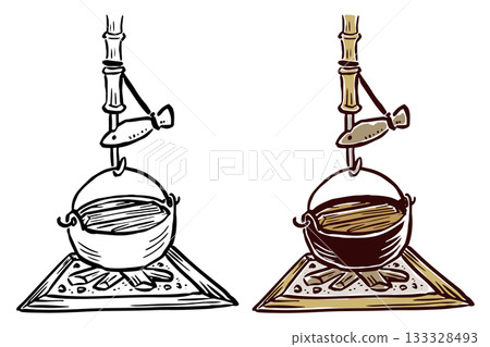 Irori pot - Hand-drawn brush stroke illustration - Line and color 133328493