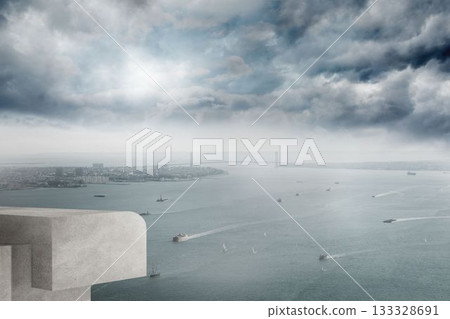 Concrete viewing platform is being shown in flat design, with ships, sailboats, suspension bridge 133328691