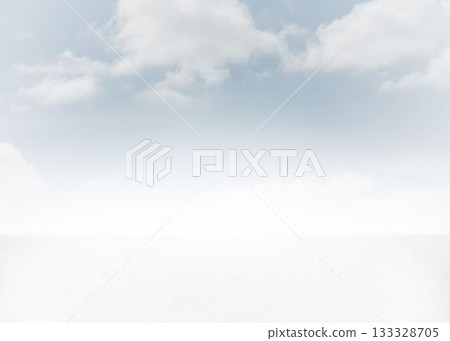 Cloud-filled sky is stretching over flat white plain in flat design style under soft diffused light Cloud-filled sky is stretching over flat white plain in flat design style under soft diffused light 133328705