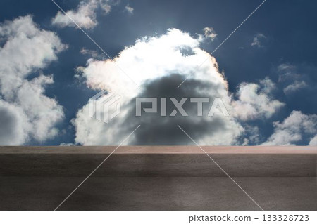 Flat illustration showing concrete ledge running across sky as sunlight backlighting cumulus cloud 133328723