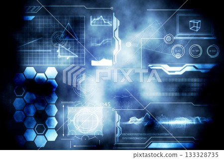Flat design HUD panels are glowing and floating over misty blue backdrop with charts and grids Flat design HUD panels are glowing and floating over misty blue backdrop with charts and grids 133328735