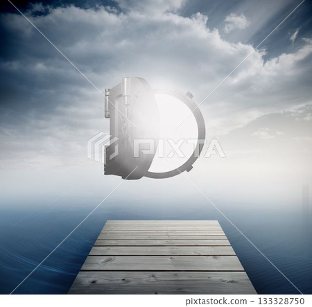 Shiny open safe in sky over ocean 133328750