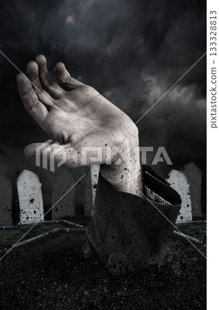 Graphic image of cropped hand at cemetery 133328813