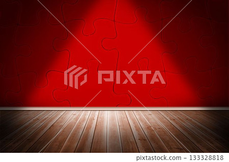 Showing vibrant flat design interior featuring red embossed puzzle wall meeting glossy wooden floor 133328818