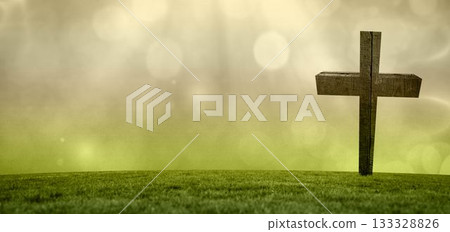 Lone wooden cross is standing on grassy hill in flat design, showing sunlight rays with bokeh Lone wooden cross is standing on grassy hill in flat design, showing sunlight rays with bokeh 133328826