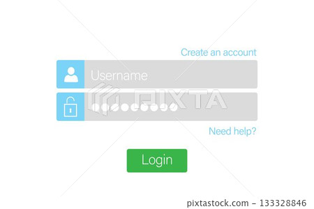 Flat login form showing fields with icons, create account and need help links, green login button 133328846